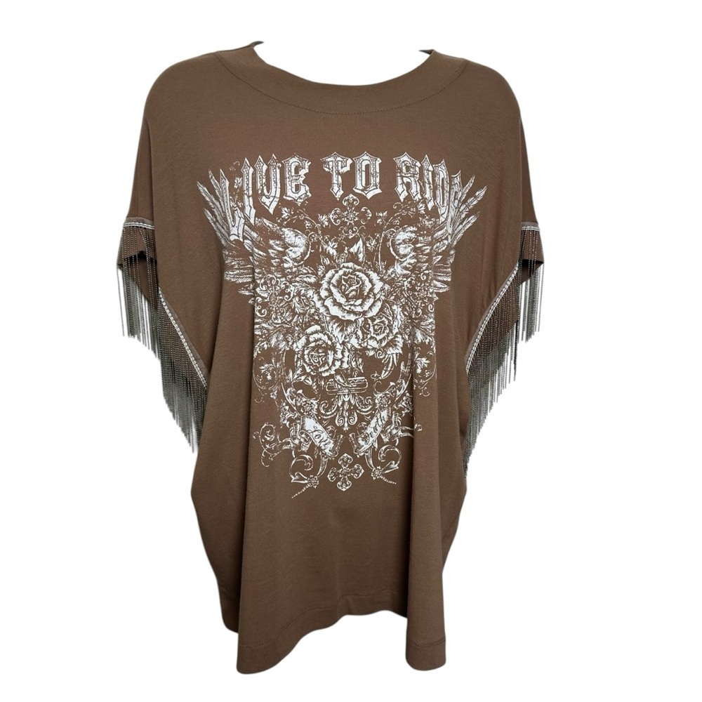 VOCAL Tunic Top Small Cotton Live To Ride Metal Fringe Short Sleeve Punk Moto - Picture 2 of 11